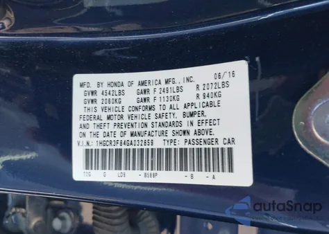 2016 Honda Accord Ex-L V-6 из США, поврежденный, VIN 1HGCR3F84GA032859